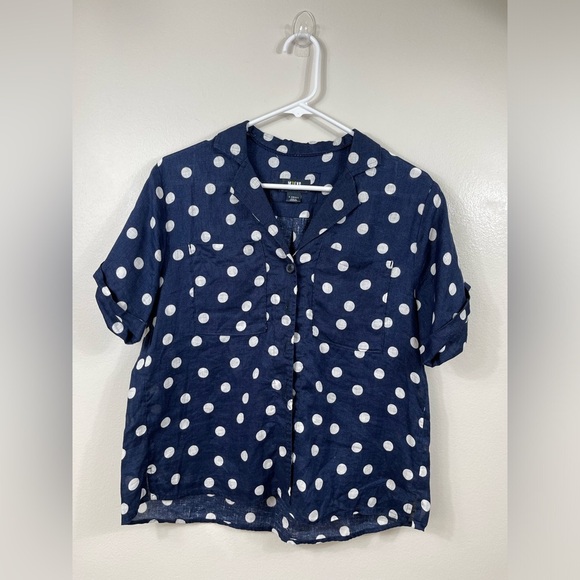 Anthropologie Maeve Women Buttondown Surf Linen Navy Dot Shirt Top Linen Sz XS - Picture 2 of 16